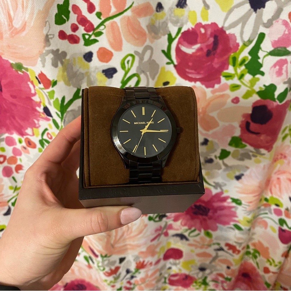 Michael Kors Slim Runway Stainless Steel 3 hand bracelet watch- black
